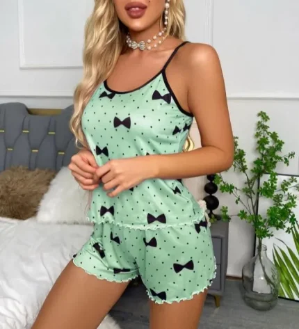 Summer Women Fashion Sexy Dot Bow Printed Camisole Shorts Home Pajamas Two-Piece Set - Image 6