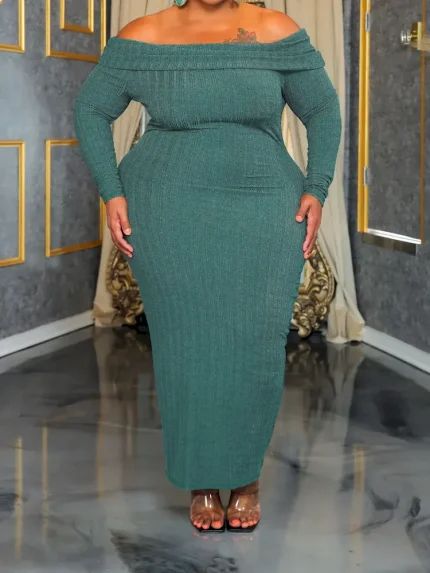 Fashion Plus Size Women Elegant Off-Shoulder Long Sleeve Hip Dress - Image 5