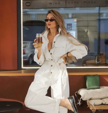 Women Fashion Solid Color Defined Waist Lace-Up Long Sleeve Cargo Jumpsuits - Image 3