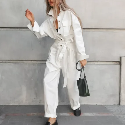 Women Fashion Solid Color Defined Waist Lace-Up Long Sleeve Cargo Jumpsuits - Image 5