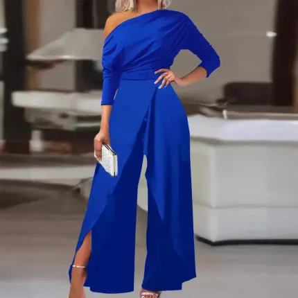 Women Sexy Solid Color Oblique Shoulder Long Sleeve Split Wide Leg Jumpsuits - Image 3