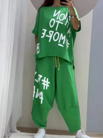 Women Loose Casual Letter Print Round Neck Short Sleeve Top Pants Two-Piece Set - Image 7