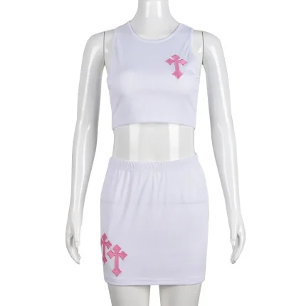 Women Fashion Sexy Embroidered Cross Tank Top Tight Skirt Two-Piece Set - Image 3