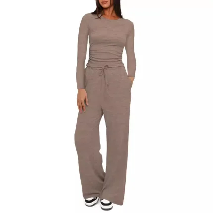 Women Casual Simple Solid Color Long Sleeve Top High Waist Wide Leg Pants Two-Piece Set - Image 3