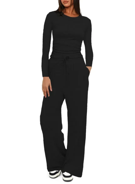 Women Casual Simple Solid Color Long Sleeve Top High Waist Wide Leg Pants Two-Piece Set - Image 6