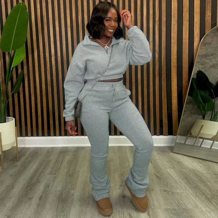 Women Casual Solid Color Sweatshirt And Pants Two-Piece Set