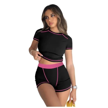 Women Fashion Casual Thread Contrast Color Short-Sleeve T-Shirt Tight Shorts Two-Piece Set - Image 4