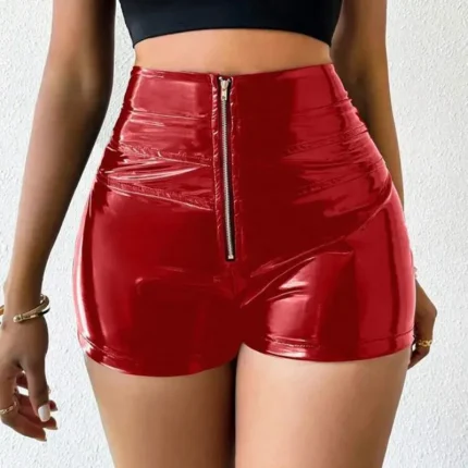 Women Fashion Sexy Pu Leather High Waist Stitching Metal Zipper Shorts - Image 3