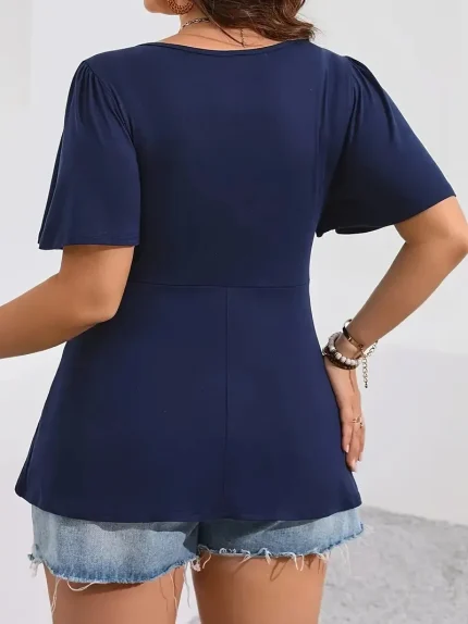 Women Fashion Casual Plus Size Square Collar Short Sleeve Floral Lace Stitching T-Shirt - Image 3