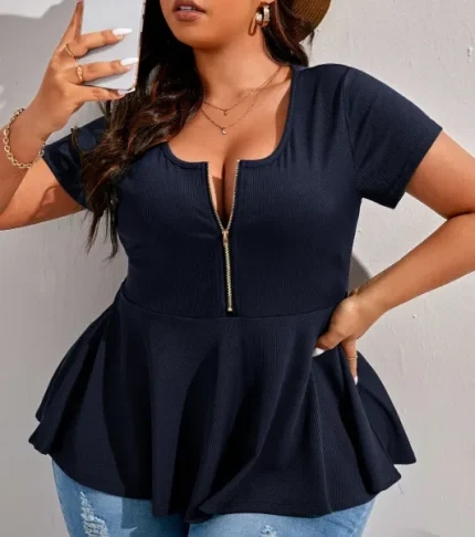 Women Fashion Casual Plus Size Solid Color Splicing Loose Short-Sleeve Zipper Top - Image 5