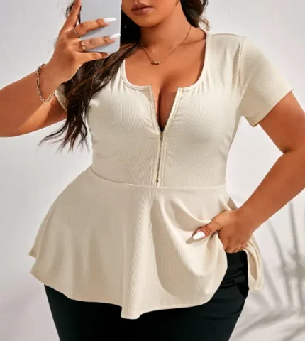 Women Fashion Casual Plus Size Solid Color Splicing Loose Short-Sleeve Zipper Top - Image 6