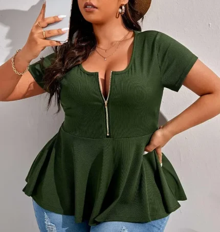 Women Fashion Casual Plus Size Solid Color Splicing Loose Short-Sleeve Zipper Top - Image 7