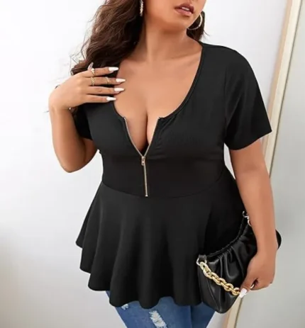 Women Fashion Casual Plus Size Solid Color Splicing Loose Short-Sleeve Zipper Top - Image 8