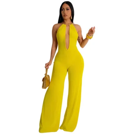 Women Fashion Sexy Solid Color Deep V-Neck Sleeveless Backless Jumpsuits - Image 4