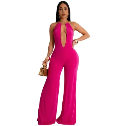 Women Fashion Sexy Solid Color Deep V-Neck Sleeveless Backless Jumpsuits - Image 5