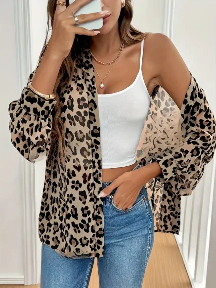 Women Elegant Leopard Print Long Sleeve Loose Shirt - Image 4