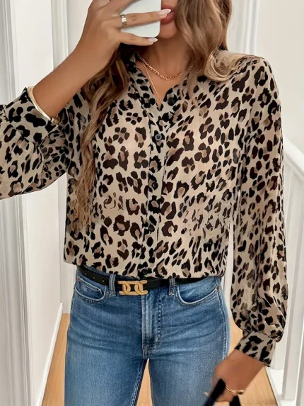 Women Elegant Leopard Print Long Sleeve Loose Shirt - Image 5