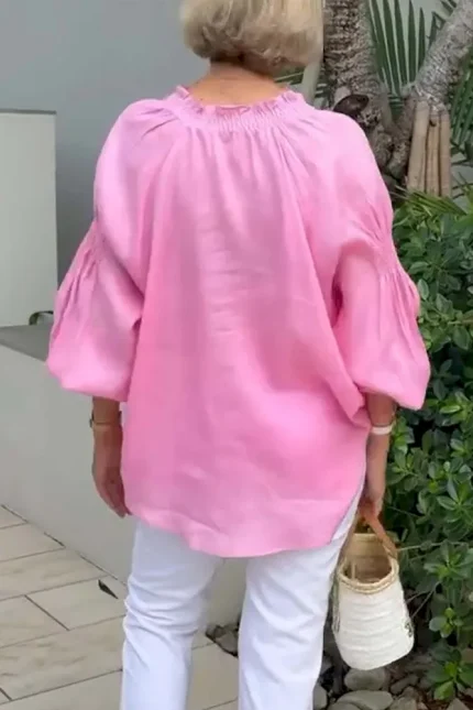 Women Fashion Casual Solid Color Cotton And Linen V-Neck Long Sleeve Blouse - Image 3