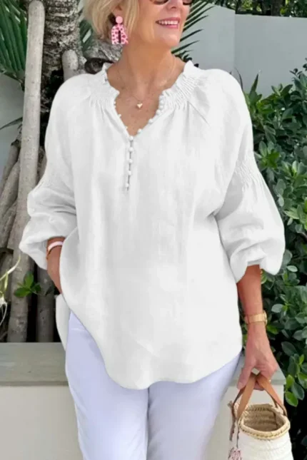 Women Fashion Casual Solid Color Cotton And Linen V-Neck Long Sleeve Blouse - Image 5