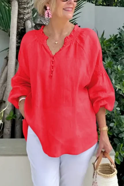 Women Fashion Casual Solid Color Cotton And Linen V-Neck Long Sleeve Blouse - Image 6