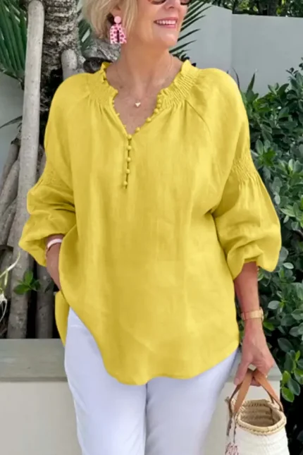 Women Fashion Casual Solid Color Cotton And Linen V-Neck Long Sleeve Blouse - Image 7