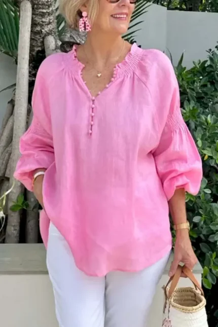 Women Fashion Casual Solid Color Cotton And Linen V-Neck Long Sleeve Blouse - Image 8