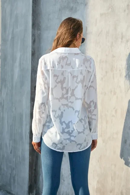 Women Fashion Casual Chiffon Loose Floral Printed Lapel Long-Sleeve Blouse - Image 3