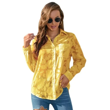 Women Fashion Casual Chiffon Loose Floral Printed Lapel Long-Sleeve Blouse - Image 4