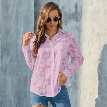 Women Fashion Casual Chiffon Loose Floral Printed Lapel Long-Sleeve Blouse - Image 8