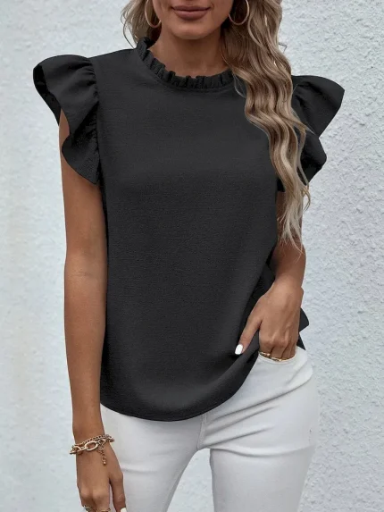 Women Fashion Casual Solid Color Ruffled Round Neck Sleeveless Blouse - Image 5