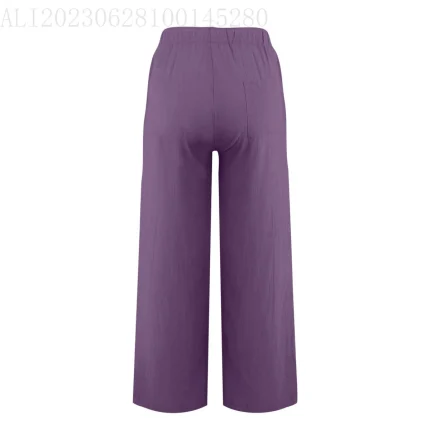 Women Fashion Casual Solid Color Linen Loose Wide Leg Drawstring Pants - Image 4