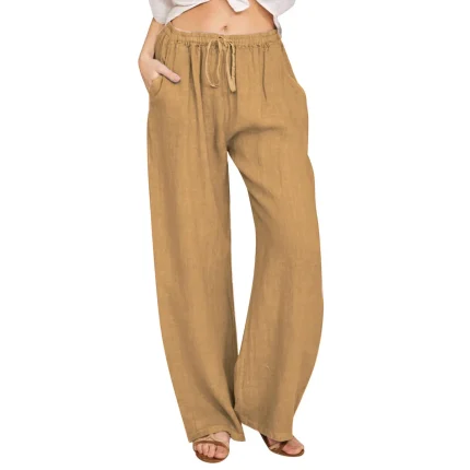 Women Fashion Casual Solid Color Linen Loose Wide Leg Drawstring Pants - Image 6