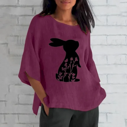 Women Casual Easter Rabbit Print Long-Sleeve Round Neck Linen Blouse - Image 3