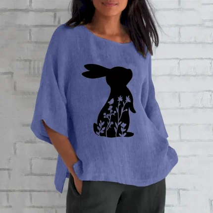 Women Casual Easter Rabbit Print Long-Sleeve Round Neck Linen Blouse - Image 5