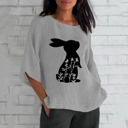 Women Casual Easter Rabbit Print Long-Sleeve Round Neck Linen Blouse - Image 6