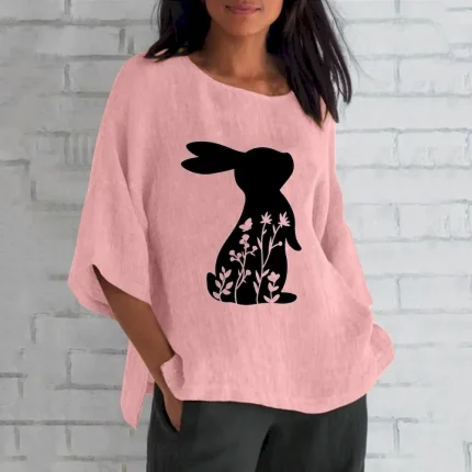 Women Casual Easter Rabbit Print Long-Sleeve Round Neck Linen Blouse - Image 8