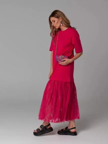 Women Fashion Cotton T-Shirt Stitching Mesh Dress - Image 3