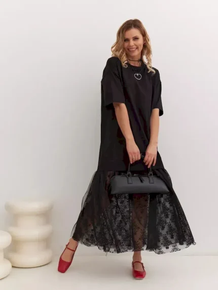 Women Fashion Cotton T-Shirt Stitching Mesh Dress - Image 4