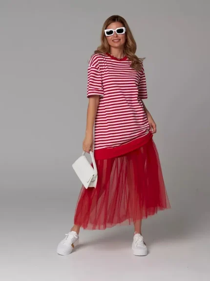 Women Fashion Cotton T-Shirt Stitching Mesh Dress - Image 5