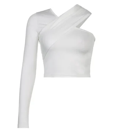 Women Fashion Sexy Solid Color V-Neck One-Shoulder Long Sleeve T-Shirt - Image 5
