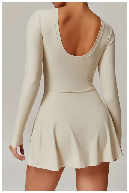 Women Fashion Casual Solid Color Long-Sleeve Backless Tight Sports Split Dress - Image 3