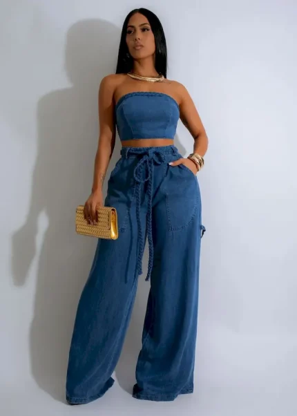 Women Fashion Casual Denim Tube Top Wide Leg Lace-Up Jeans Two-Piece Set - Image 3