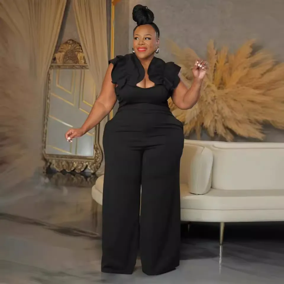 T103D1713C_26755.webp Women Fashion Sexy Solid Color Plus Size Ruffled Sleeveless Wide Leg Jumpsuits - Image 1