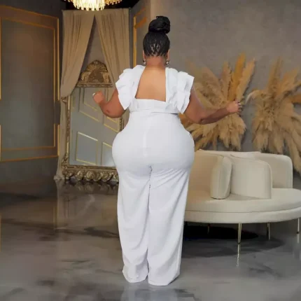 Women Fashion Sexy Solid Color Plus Size Ruffled Sleeveless Wide Leg Jumpsuits - Image 3