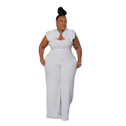 Women Fashion Sexy Solid Color Plus Size Ruffled Sleeveless Wide Leg Jumpsuits - Image 5