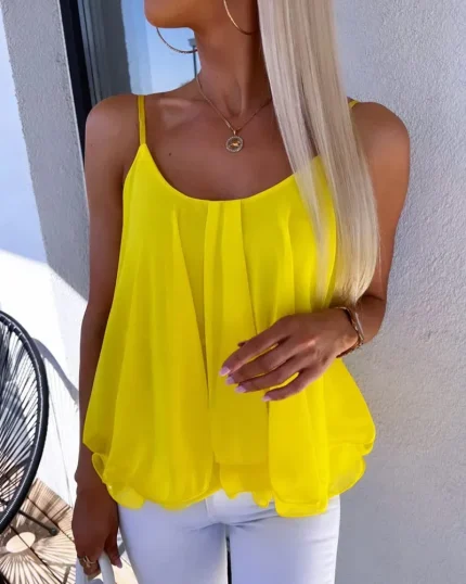 Women Fashion Casual Loose Chiffon Solid Color Spaghetti Strap Tank Top - Image 6