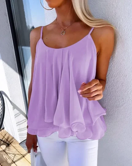 Women Fashion Casual Loose Chiffon Solid Color Spaghetti Strap Tank Top - Image 8