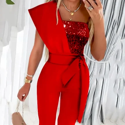 Women Fashion Elegant Bead Sequins Splicing Sleeveless Lace-Up Slim-Fit Jumpsuits - Image 4