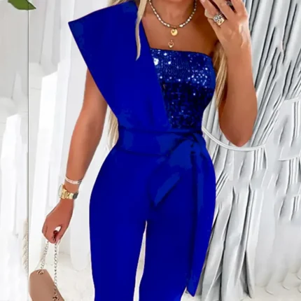 Women Fashion Elegant Bead Sequins Splicing Sleeveless Lace-Up Slim-Fit Jumpsuits - Image 7
