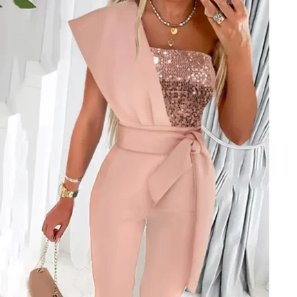 Women Fashion Elegant Bead Sequins Splicing Sleeveless Lace-Up Slim-Fit Jumpsuits - Image 8